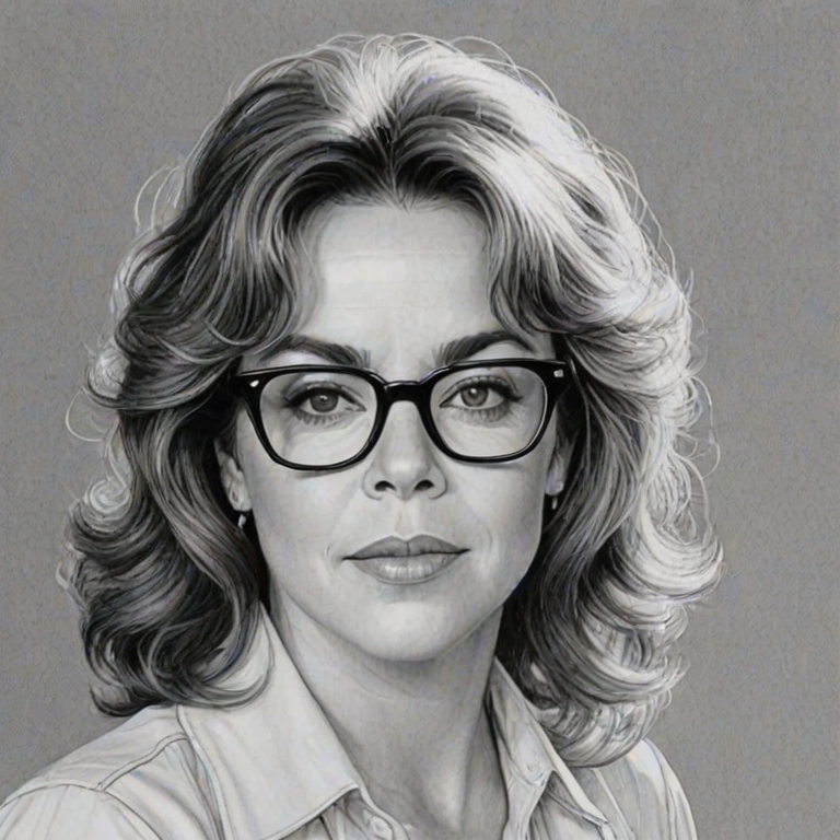 Attractive Stockard Channing, pencil sketch, portrait of Elegant woman 1979s in glasses, hair style beatnik, outline, clear lines, fine lines, 8k