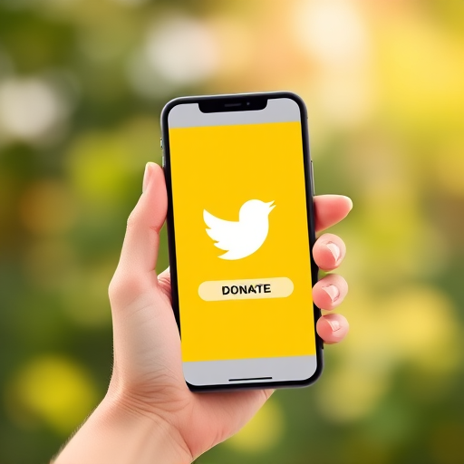 Create an illustration of a hand holding a smartphone displaying a bright yellow donation screen with a white dove and a checkmark, using a 50mm lens at f/2.8, with a soft focus background, shot in natural light to enhance colors, captured with a DSLR camera.