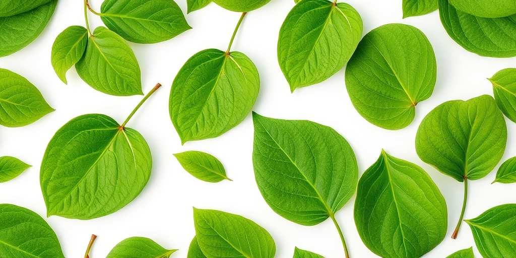 Create a high-resolution seamless pattern featuring stylized green leaves on a white background, shot with a Canon EOS R5 at f/8, ISO 100, 24mm lens in macro photography style for enhanced detail and clarity.