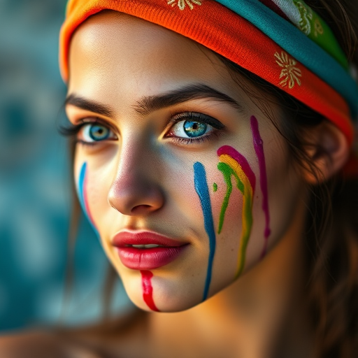 Regenerate a vibrant and detailed portrait of a young woman with a stylish headband and colorful paint dripping down her face, using a Canon EOS R5, 85mm f/1.2 lens, ISO 100, aperture f/2.8, soft natural lighting, and a shallow depth of field for a striking focus on her facial features.