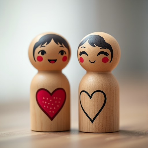 Create a soft-focus, close-up photograph of two wooden peg dolls with playful, cartoonish expressions and heart graphics, using a DSLR camera, f-stop 2.8, 50mm lens, ISO 100, natural light, and a shallow depth of field for a dreamy background effect.