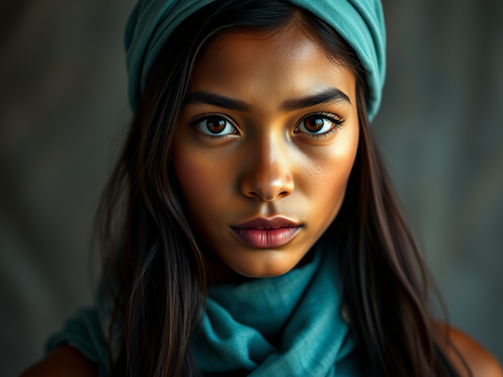 Create a portrait of a young Tahitian woman with long, dark hair and captivating hazel eyes. She is wearing a cyan headscarf and a matching scarf draped gracefully around her neck. The background is softly blurred, focusing attention on her serene and natural expression. The overall color palette is muted and warm, enhancing the intimate and authentic feel of the portrait.