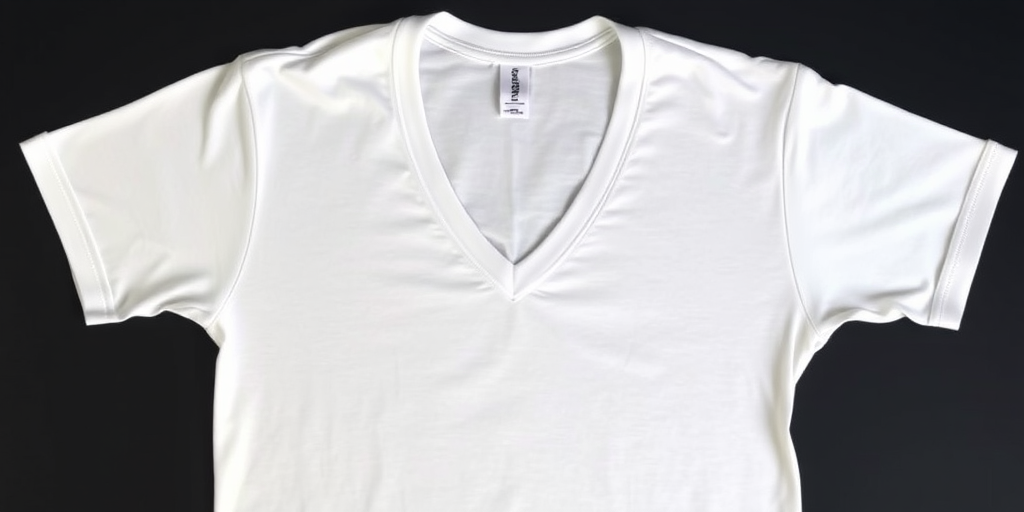 Create a high-resolution image of a plain white v-neck t-shirt on a black background, using a DSLR camera with a 50mm lens, aperture set to f/1.8, ISO 100, and a slight overhead view to enhance the shape and contours of the shirt.