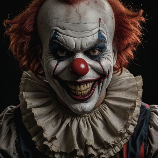 Create a hyper-realistic, dark, and eerie clown with a sinister smile, set against a black background. The clown should have exaggerated makeup with sharp, contrasting colors to enhance its menacing appearance. The overall atmosphere should be unsettling and intense, capturing a sense of horror and suspense