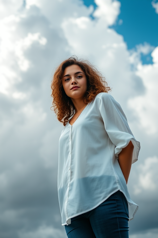 portrait of a young woman with curly hair wearing a white blouse and jeans standing against a dramatic cloudy sky, natural light, aperture f/2.8, shutter speed 1/500s, ISO 100, wide-angle lens, shot from low angle, DSLR camera