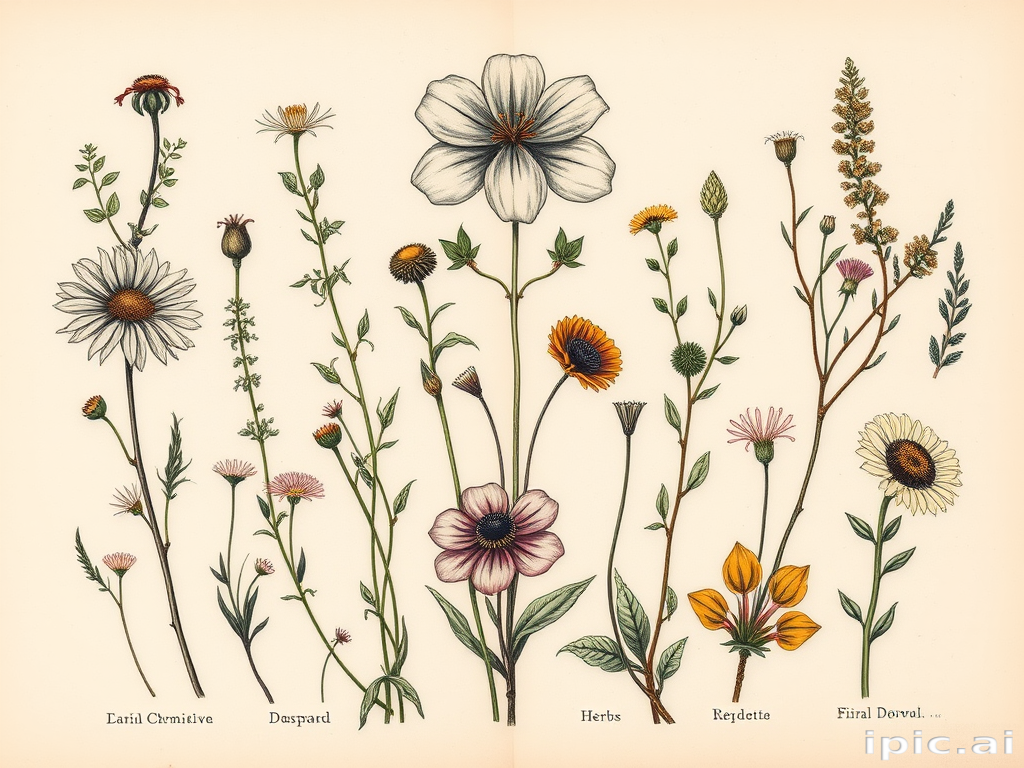Botanical illustrative tattoo titled "Floral Chronicle" showcasing a detailed array of native wildflowers and herbs, with scientific labels and delicate shading to mimic vintage botanical drawings