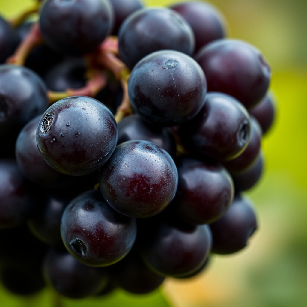 create a high-resolution close-up image of a cluster of dark grapes with a soft focus background, using a Canon EOS 5D Mark IV, 50mm f/1.8 lens, aperture f/2.8, ISO 100, shutter speed 1/200s, with natural light for enhanced texture and detail.