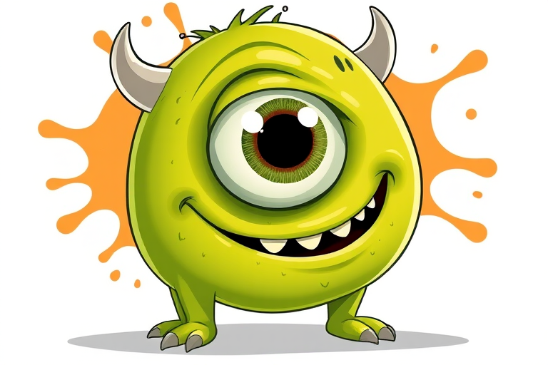 Generate a vibrant cartoon-style illustration of a green, one-eyed monster with a splash shape in the background, captured with a DSLR camera at 50mm lens, f/2.8 aperture, ISO 100, and natural light for enhanced color accuracy.