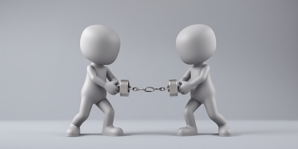 Generate a high-resolution 3D illustration of two stylized, gray humanoid figures in a playful escape pose with handcuffs connecting them, soft lighting, shot with a DSLR camera at f/2.8 aperture, 50mm lens, and a shallow depth of field for background blur.