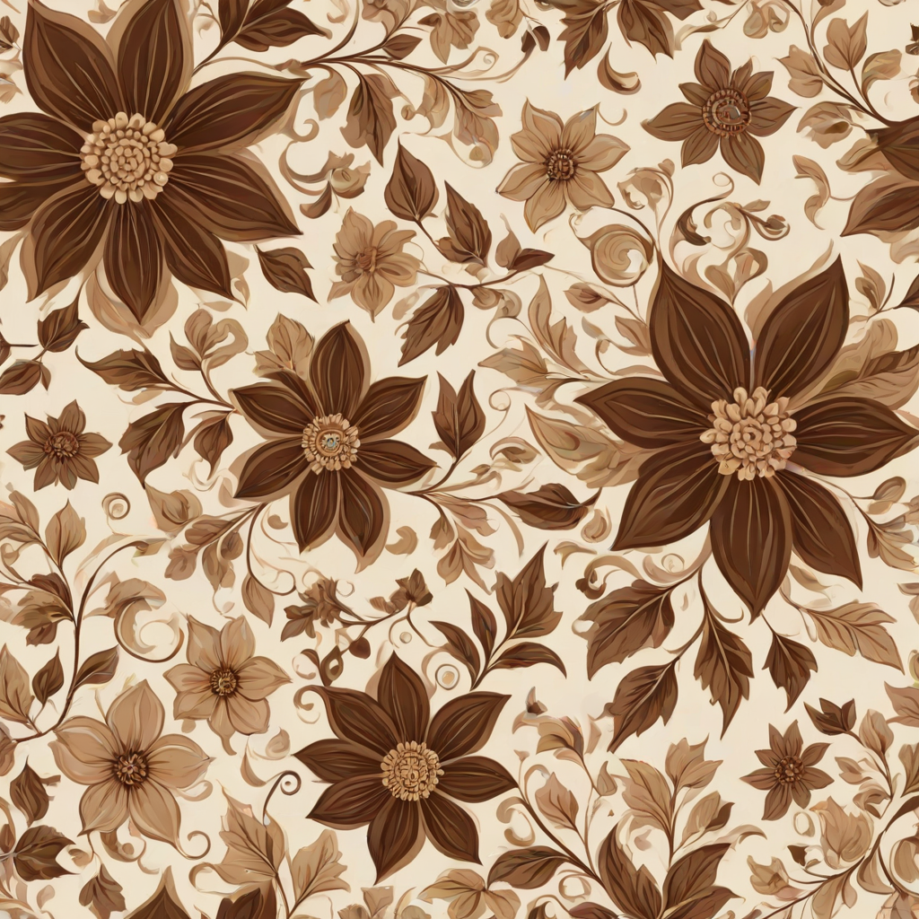 Create a seamless floral pattern featuring large brown and beige flowers with intricate designs, accompanied by smaller flowers and gentle vines on a light beige background.