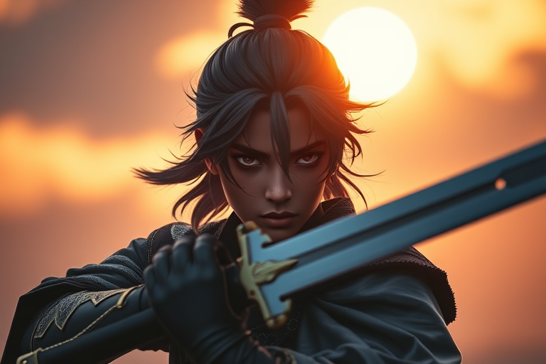 Create a dynamic anime character portrait of a dark-skinned warrior holding a sword, dramatic lighting with a golden hour background, shot with a Canon EOS R, 50mm lens, f/1.8, ISO 100, in portrait orientation.