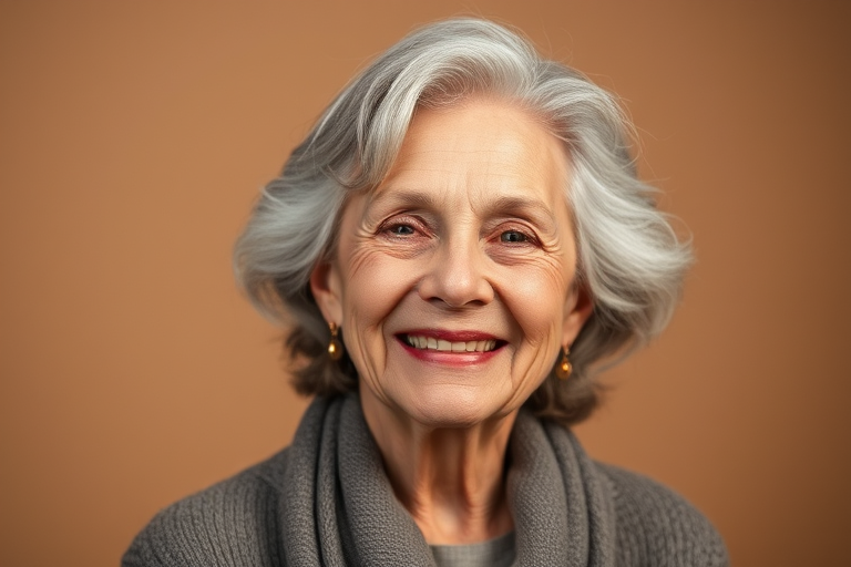portrait of an elderly woman with long gray hair smiling softly, warm lighting, neutral background, 85mm lens, f/1.8 aperture, ISO 100, 1/200s shutter speed, studio setup