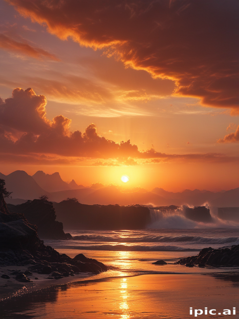 Stunning Sunset Over the Ocean with Waves and Dramatic Clouds