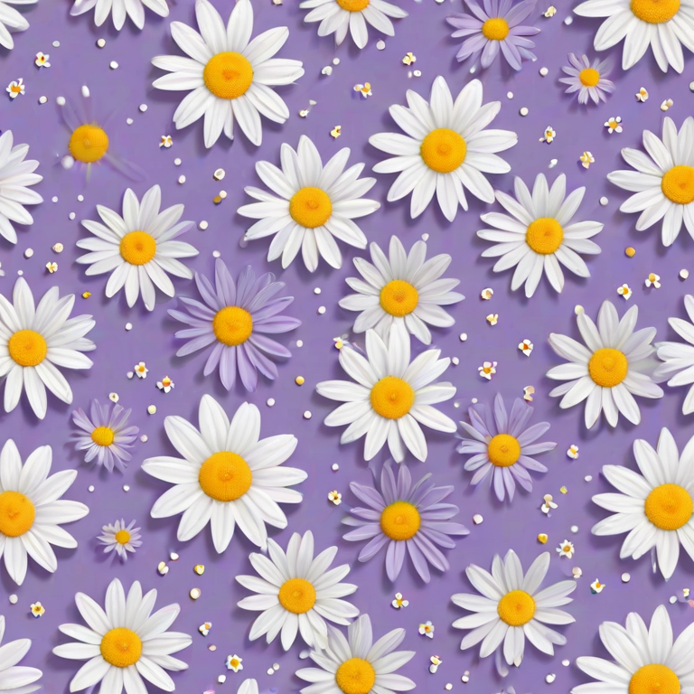 create a seamless pattern featuring small white daisies with yellow centers on a soft lavender background with scattered white dots