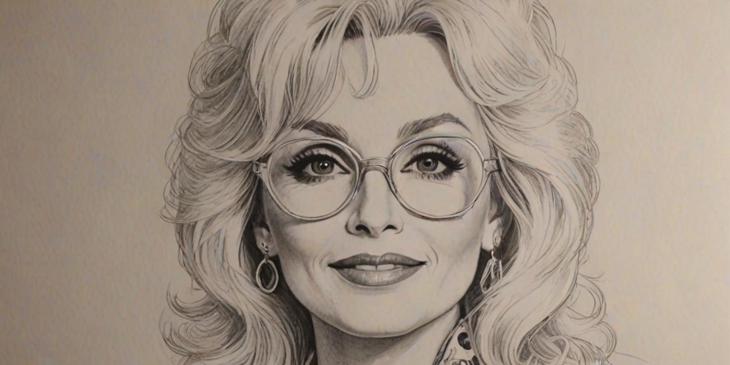 Attractive Dolly Parton, pencil sketch, portrait of Splendid woman 1974s in glasses, hair style beatnik, outline, clear lines, fine lines, 8k