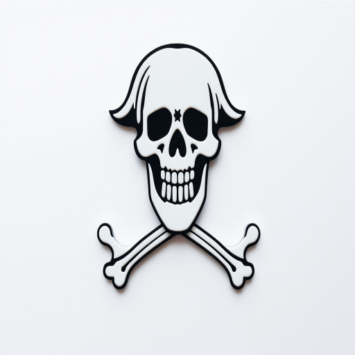 Create a high-resolution image of a pirate skull and crossbones logo, photographed with a DSLR camera at f/2.8 aperture, ISO 100, 50mm lens, top-down view, in a flat lay style with a clean background for enhanced clarity and vibrancy.