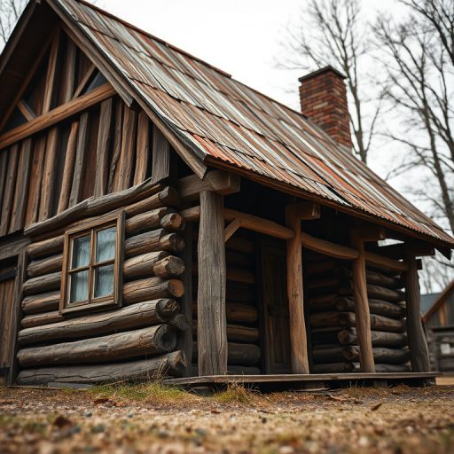 Generate a detailed image of a rustic wooden cabin with a weathered roof, captured from a low angle view using a DSLR camera at f/8 aperture, ISO 100, 35mm focal length, and a soft focus style to enhance the texture and colors.