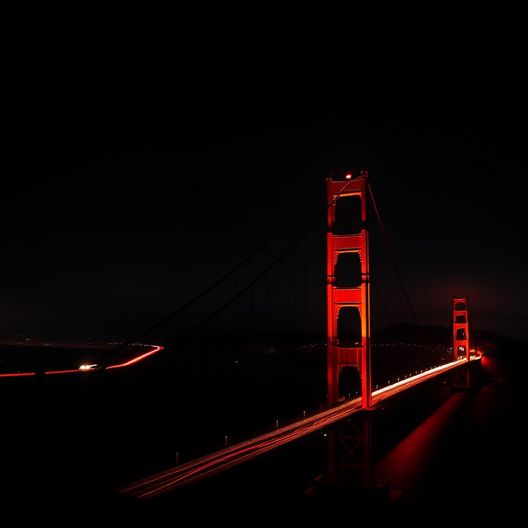 Create a high-resolution monochromatic image of the Golden Gate Bridge illuminated in red against a dark sky with long exposure light trails from passing cars, captured in low light with a Canon EOS R5, 24-70mm lens, f/8 aperture, 30 seconds shutter speed, ISO 100, wide-angle view.