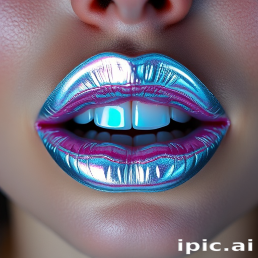 Mesmerizing portrait of holographic silver lips with prismatic reflections, showcasing futuristic appeal and eye-catching properties