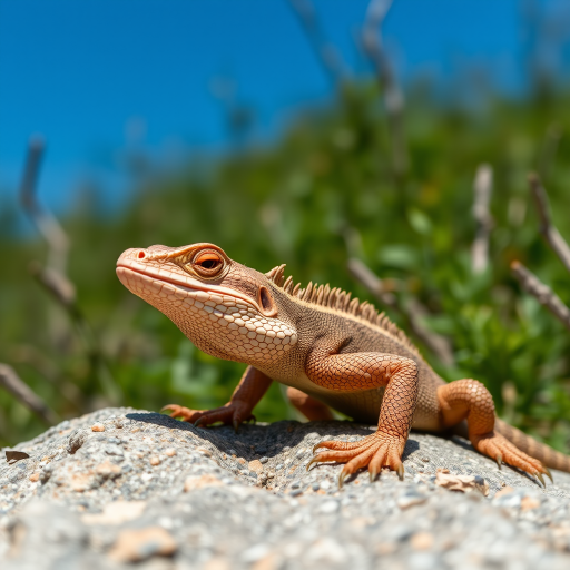 Close-up shot of a lizard on a rock with a clear blue sky in the background, using a DSLR camera with a 50mm lens, aperture f/2.8, ISO 100, and a shutter speed of 1/200 sec, focusing on the texture of the lizard's skin and the surrounding greenery for enhanced detail and depth.