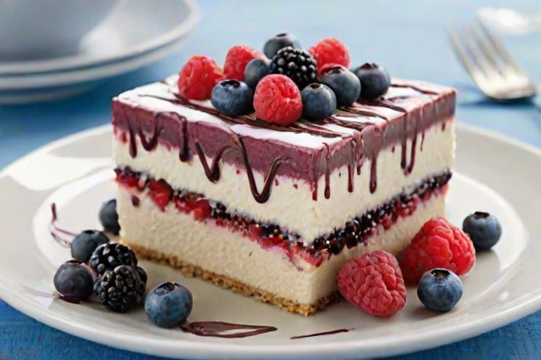 Create an image of a dessert featuring a rectangular ice cream cake layered with various berries such as raspberries, blueberries, and blackberries. The cake should be garnished with additional fresh berries and a drizzle of chocolate or syrup, displayed on a light-colored platter with a slice cut out to reveal the layers inside. The background should be simple and neutral to highlight the dessert.