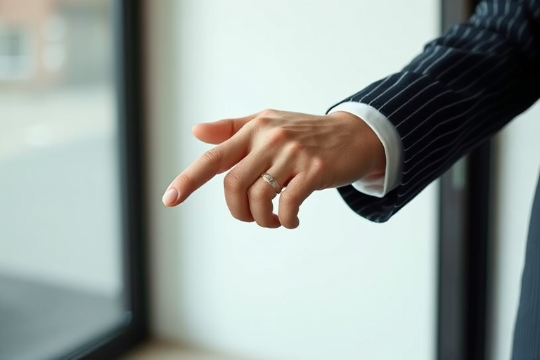 create an image of a right hand reaching out for a handshake wearing a pinstripe suit with a wedding ring, captured with a Canon EOS R5, 85mm f/1.4 lens, aperture f/2.8, shutter speed 1/100 sec, ISO 100, in soft natural light, focused on the hand while softly blurring the background with a minimalistic style