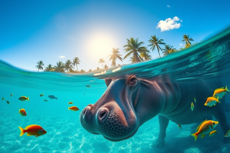 A hippopotamus partially submerged in clear blue water with colorful fish swimming around, tropical palm trees in the background under a sunny sky, captured with a DSLR camera, 24mm lens, f/8 aperture, ISO 200, 1/250 sec shutter speed, wide-angle perspective for enhanced depth and detail.