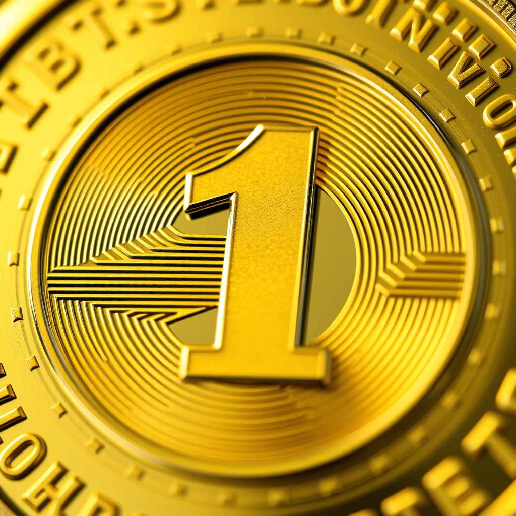 Create a high-resolution vector image of a gold coin with the number one prominently displayed on its face, using a close-up view with soft lighting, f-stop at 2.8, 50mm lens, and a DSLR camera style to enhance detail and quality.