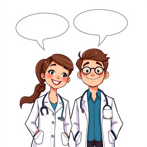 Create a colorful illustration of two cartoon doctors, one female with brown hair in a ponytail and the other male with short brown hair, both wearing lab coats and stethoscopes, standing side by side with speech bubbles above their heads, set against a light, abstract background with soft curves, using a digital art style with a bright and cheerful palette, at high resolution with a 300 DPI setting, using a drawing tablet for added detail and smooth lines.