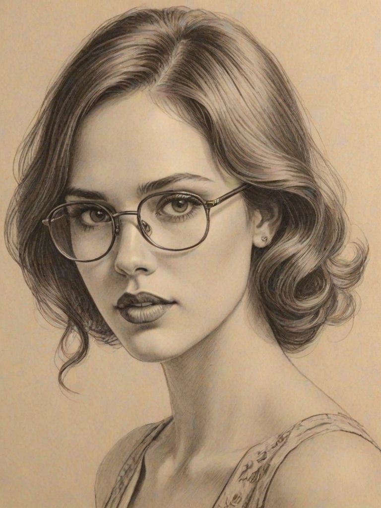 Appealing Eiza Gonz'lez, pencil sketch, portrait of Magnificent woman 1927s in glasses, hair style beatnik, outline, clear lines, fine lines, 8k