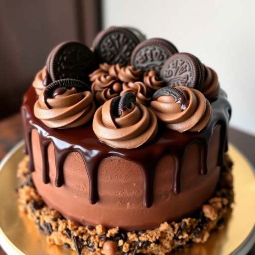 A delicious chocolate cake decorated with Oreo cookies and chocolate ganache drizzles on top, featuring swirls of chocolate frosting and a crumbly cookie crust around the base.