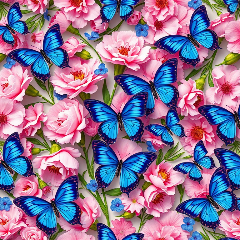Create a seamless floral and butterfly pattern featuring pink carnations and blue butterflies, shot with a Canon EOS R5 at f/5.6, 1/250 sec, ISO 100, top-down view, using a macro lens for enhanced detail and vibrant colors.