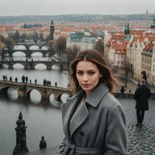 cinematic photo from above, waist up shot, sharp focus, a beautiful woman in foreground, in Prague, at the Charles Bridge, river in background, overcast rainy day, wearing long grey wool coat, warm rich color palette