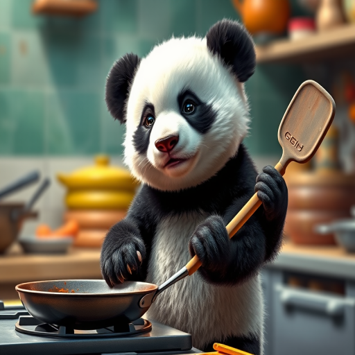 The image is a high-resolution photograph of a baby panda named Huahua, depicted in a bustling kitchen setting. Huahua has a distinctive black and white fur pattern, with round, chubby features and a serious expression. She stands upright, holding a large spatula in her right paw and a frying pan in her left, as she diligently cooks at the stove.