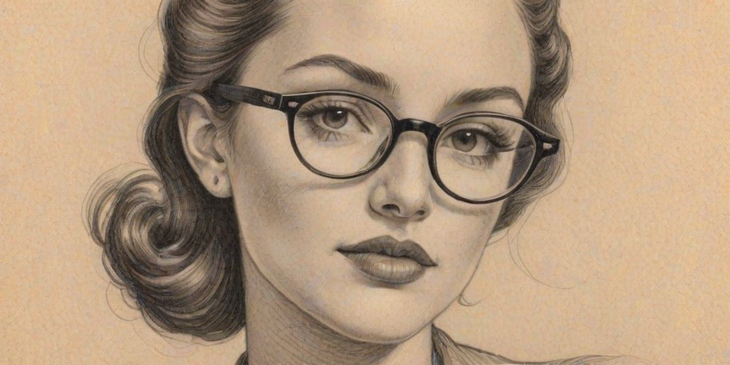 Bewitching Jessica Marie Garcia, pencil sketch, portrait of Graceful woman 1935s in glasses, hair style beatnik, outline, clear lines, fine lines, 8k
