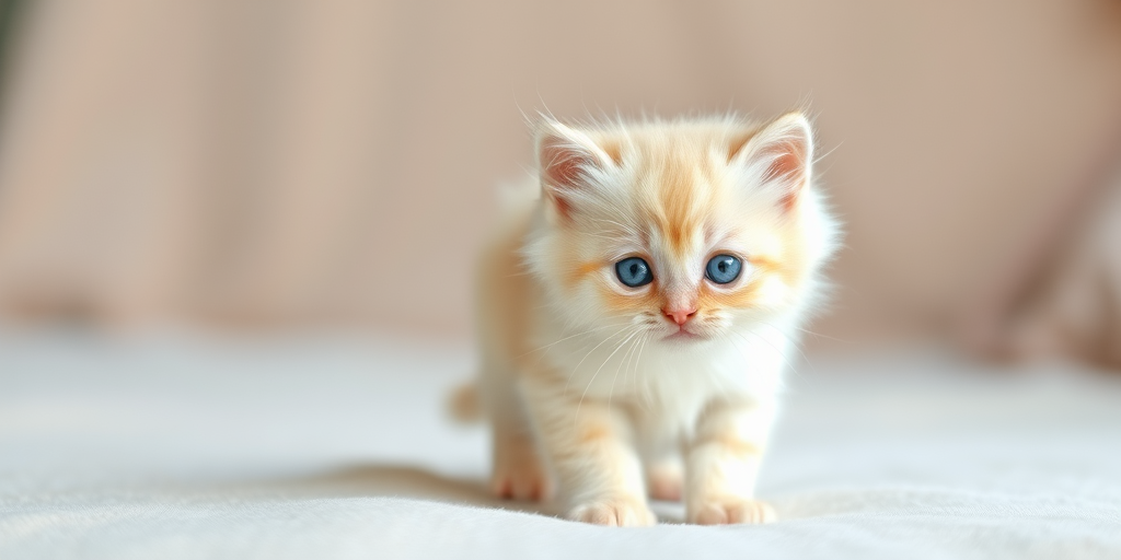 Generate a high-quality image of a fluffy light-colored kitten with blue eyes standing on a soft surface, captured using a DSLR camera with a 50mm lens, aperture f/1.8, ISO 200, shutter speed 1/200, in natural light for a soft focus background.
