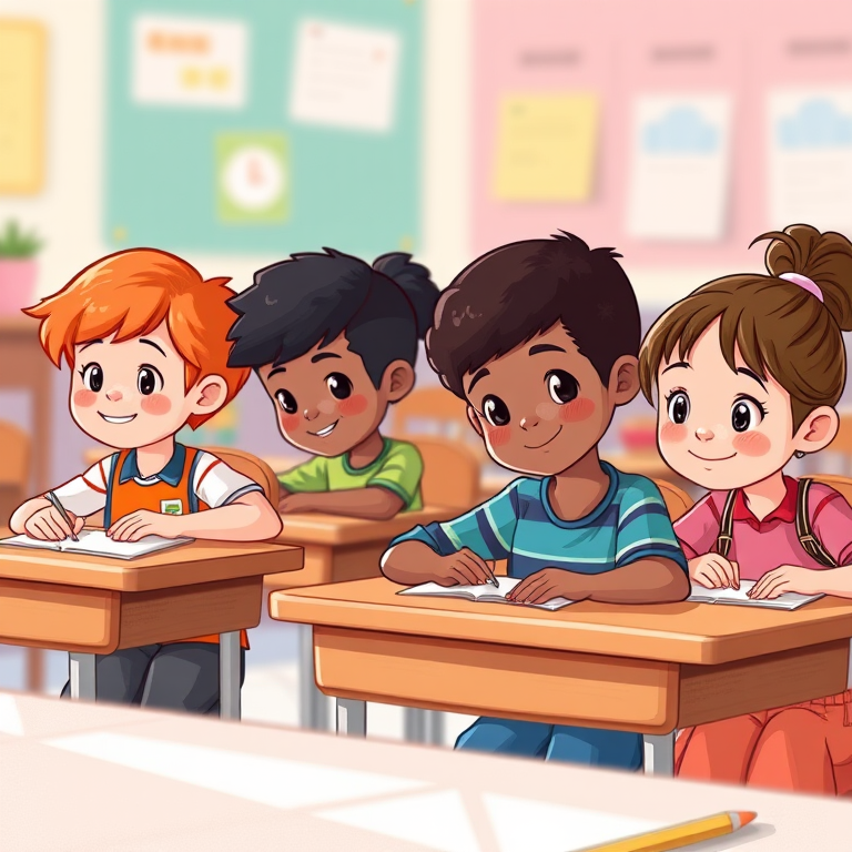 Create an illustration of four diverse children sitting at desks in a classroom, focused on their assignments, using vibrant colors and soft shading, shot with a Canon EOS R5 at f/4, ISO 100, 1/250s, in a portrait orientation with a shallow depth of field to enhance the background blur.