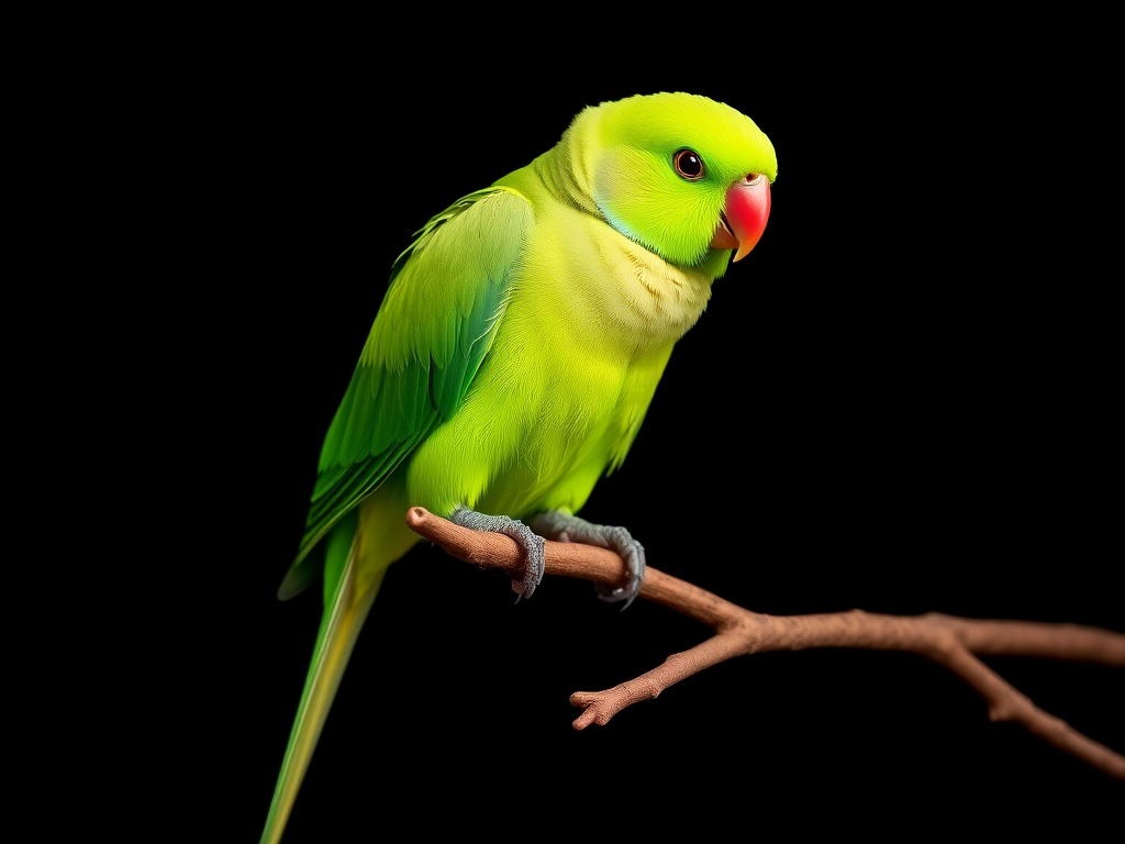 A vibrant green parrot perched on a branch against a black background, shot with a Canon EOS R5, 85mm lens, f/2.8 aperture, ISO 100, 1/250 sec, soft focus, natural lighting, macro photography style.