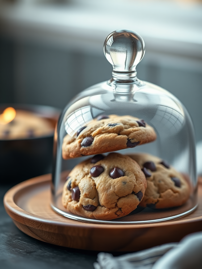 regenerate a close-up image of a glass cloche containing chocolate chip cookies on a wooden plate with soft lighting, using a DSLR camera, aperture f/2.8, ISO 100, 50mm lens, and a shallow depth of field for enhanced detail and texture.