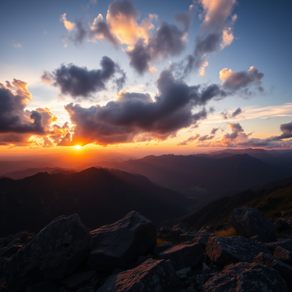 sunset over mountains with dramatic clouds and rocky foreground, captured with a DSLR camera at 50mm focal length, aperture f/8, ISO 200, using a wide-angle lens, in landscape orientation for enhanced depth and detail