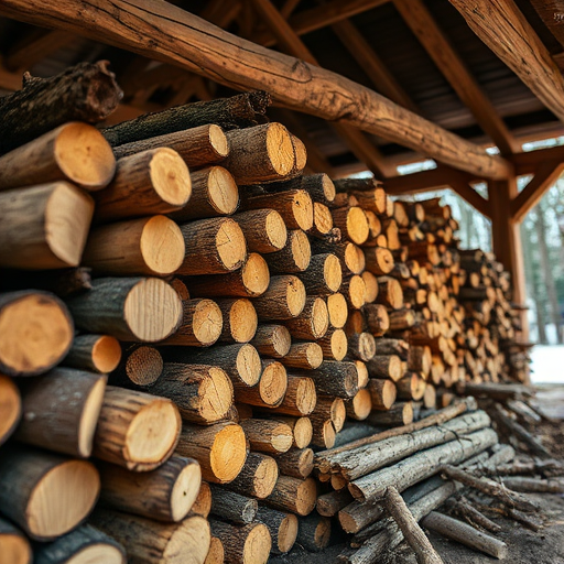 Capture a close-up of stacked wooden logs and branches under a rustic wooden shelter, natural light, aperture f/8, ISO 200, shutter speed 1/60s, DSLR camera, macro lens, high dynamic range.