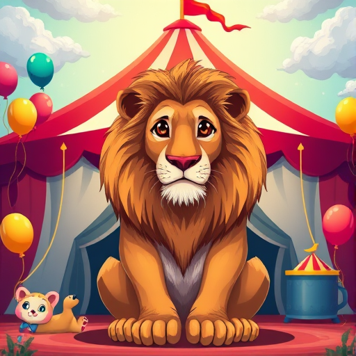 Create an illustrated image of a majestic lion sitting prominently in front of a whimsical circus tent, surrounded by colorful balloons and playful circus elements, using a digital art style, vivid colors, 4K resolution, shot from a slight low angle to emphasize the lion's grandeur, with a focus on high contrast and sharp details.