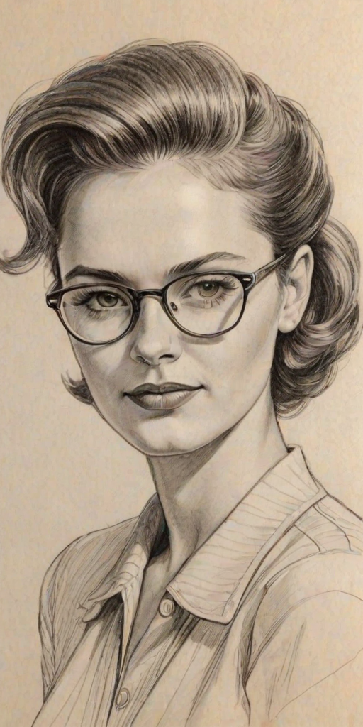 Fascinating Kristina Anapau, pencil sketch, portrait of Radiant woman 1947s in glasses, hair style beatnik, outline, clear lines, fine lines, 8k