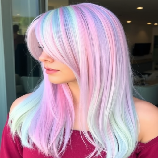 Enchanting pastel rainbow hair in a sleek long bob, designed by Iris Spectrum, displaying a seamless blend of soft pink, lavender, mint green, and baby blue hues with a glass-like shine