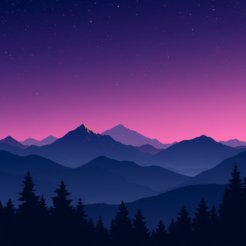 Create a digital landscape illustration of a serene mountain range at twilight with a starry sky, featuring layered mountains in varying shades of purple and blue, silhouetted evergreen trees in the foreground, with a soft gradient background; use a digital painting style with a high resolution of 3840x2160, simulated camera settings of f/8 aperture, ISO 100, and 1/60 second shutter speed for a clear, detailed image.