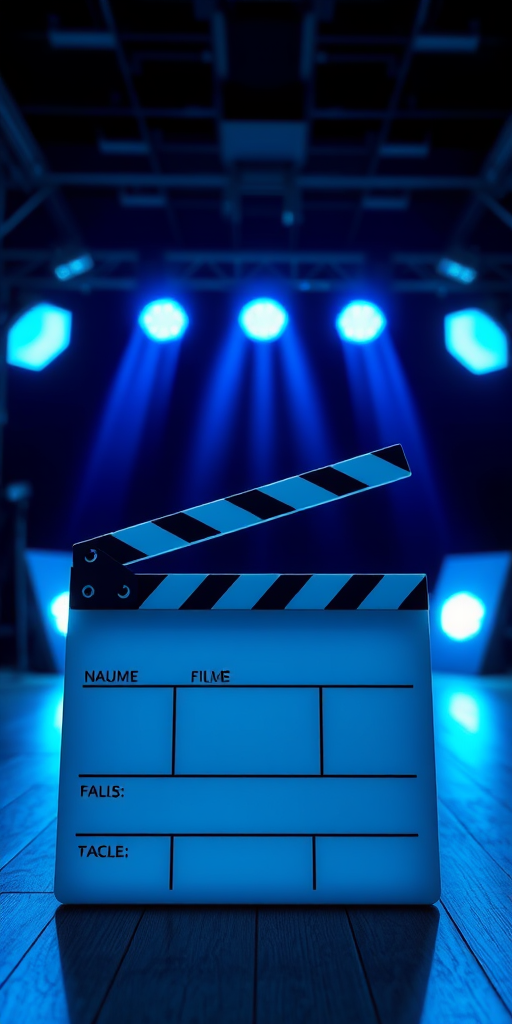 Illustration of a film clapperboard in front of a movie set with blue spotlight effects, using a DSLR camera at f/8 aperture, ISO 100, 24mm lens, shot from a low angle in a cinematic style.