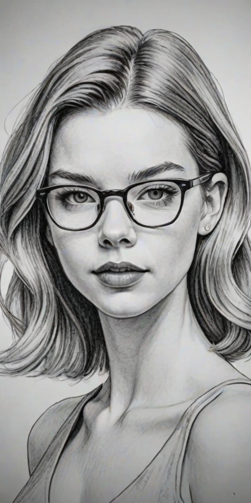 Graceful Anya Taylor-Joy, pencil sketch, portrait of Attractive woman 1966s in glasses, hair style beatnik, outline, clear lines, fine lines, 8k