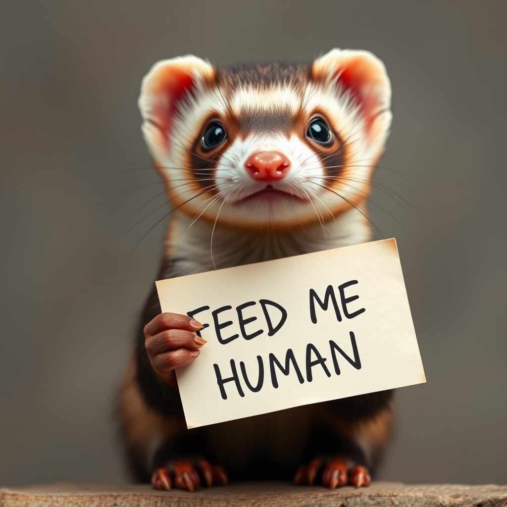 Ferret holding a note which says "FEED ME HUMAN"
