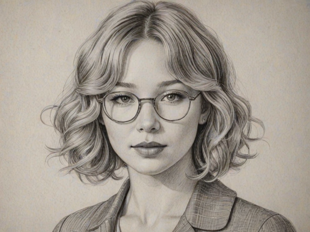 Comely Haley Bennett, pencil sketch, portrait of Enticing woman 1934s in glasses, hair style beatnik, outline, clear lines, fine lines, 8k