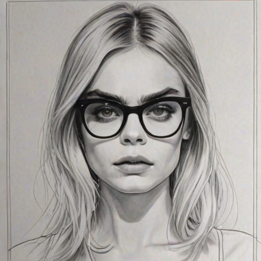 Bewitching Cara Delevingne, pencil sketch, portrait of Alluring woman 1960s in glasses, hair style beatnik, outline, clear lines, fine lines, 8k